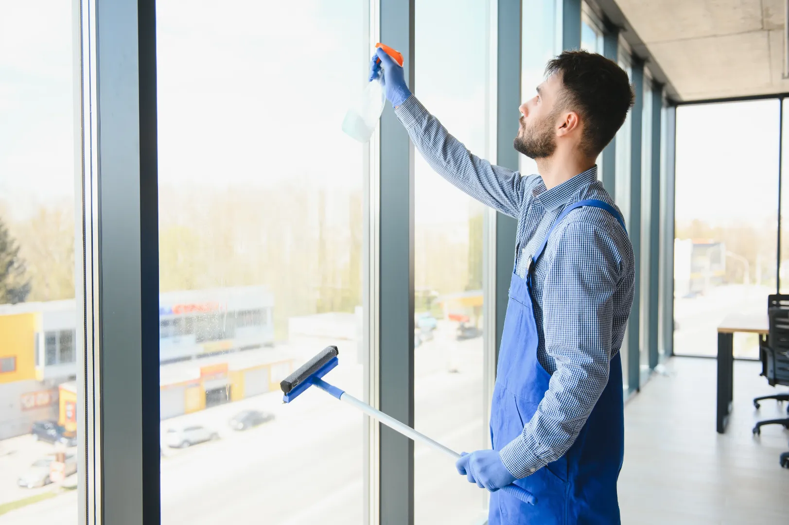 Professional cleaning interior commercial windows in an office building